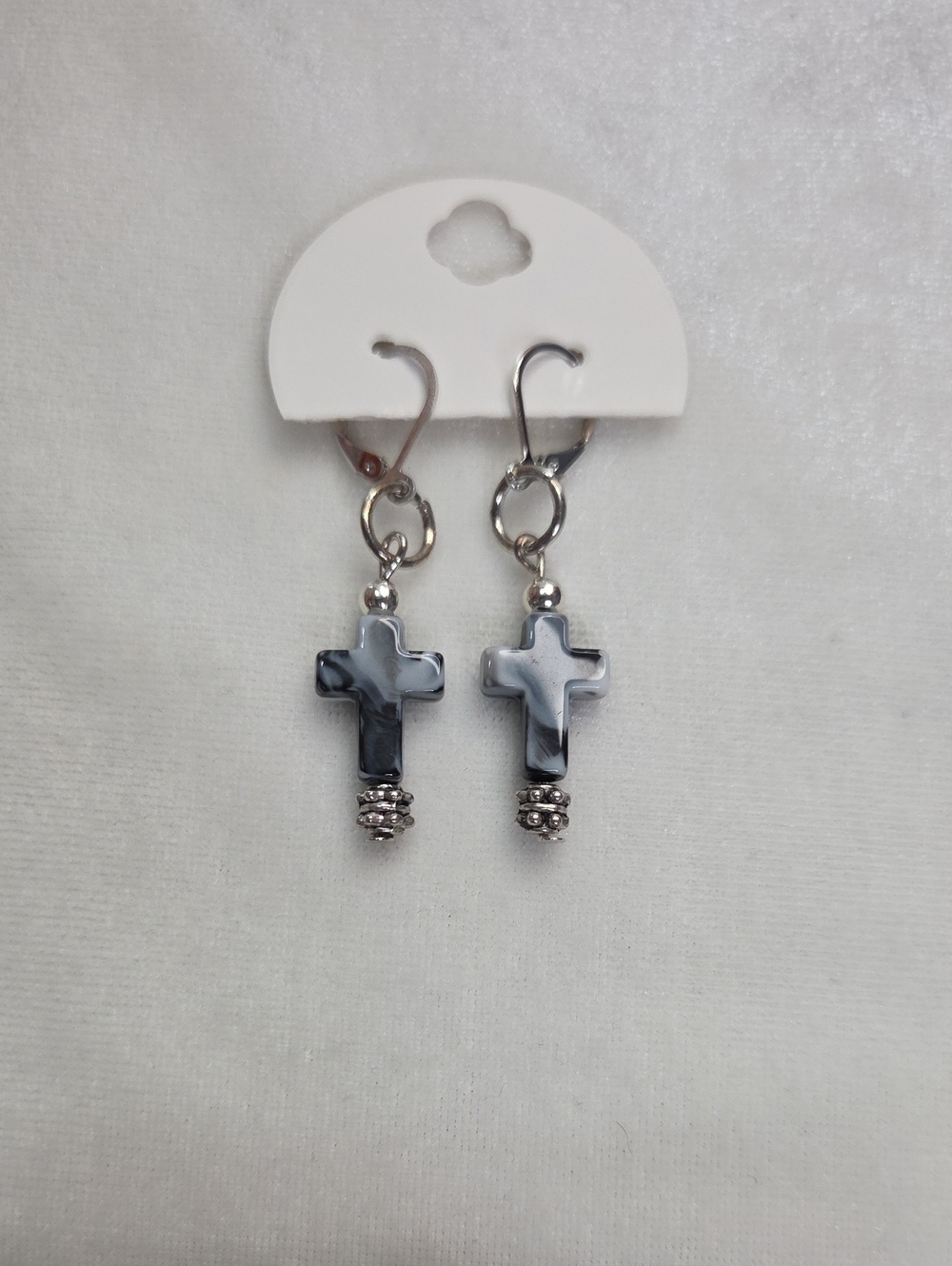 Handcrafted Black Gray Cross Pierced Earrings Silver Tone Silver Beaded Handmade